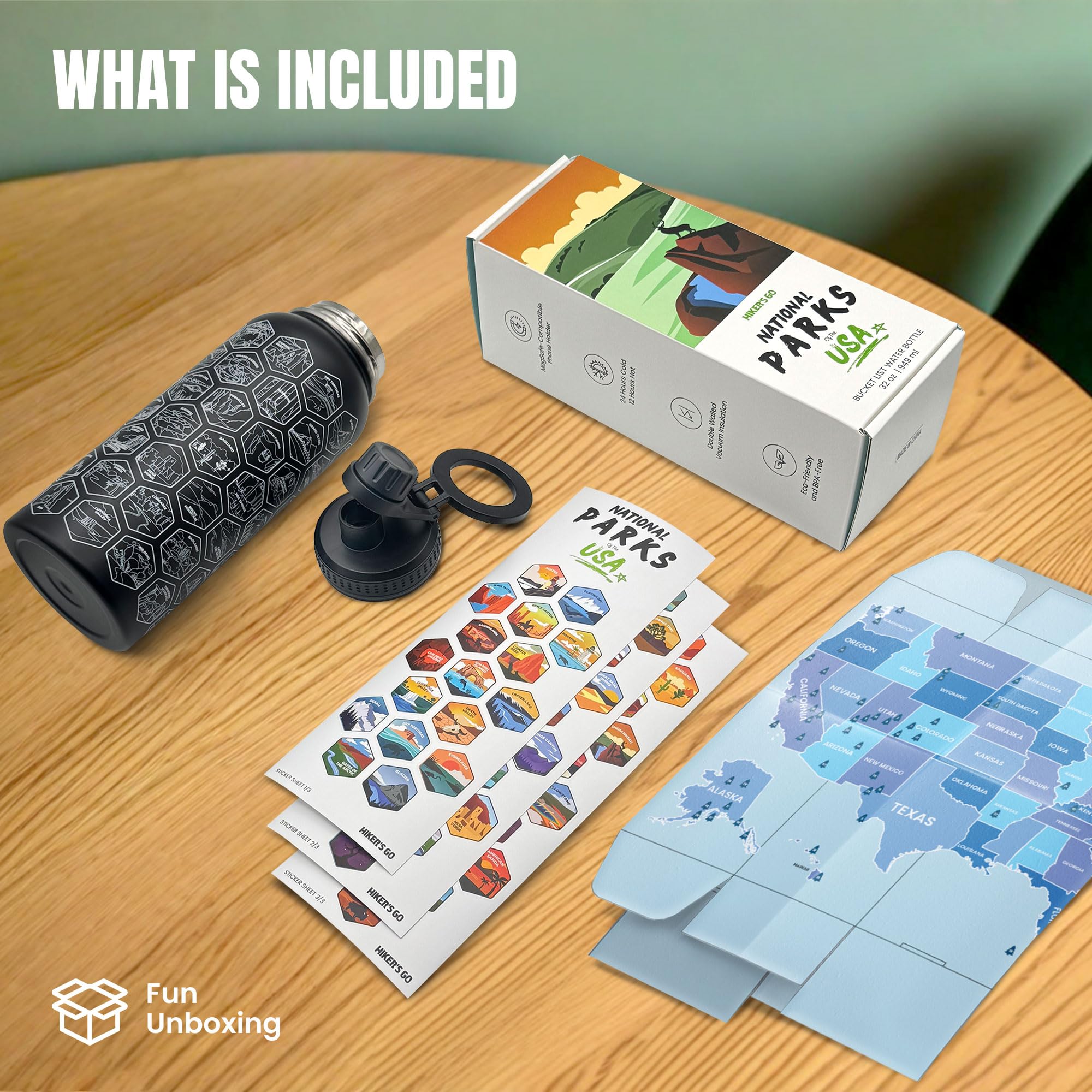 Hiker's Go National Parks Water Bottle – 32oz Insulated Stainless Steel with Magnetic Phone Holder Leak Proof Lid & 63 Waterproof Stickers