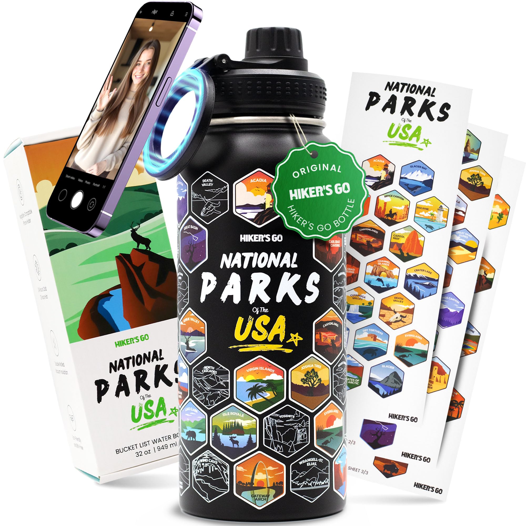 Hiker's Go National Parks Water Bottle – 32oz Insulated Stainless Steel with Magnetic Phone Holder Leak Proof Lid & 63 Waterproof Stickers