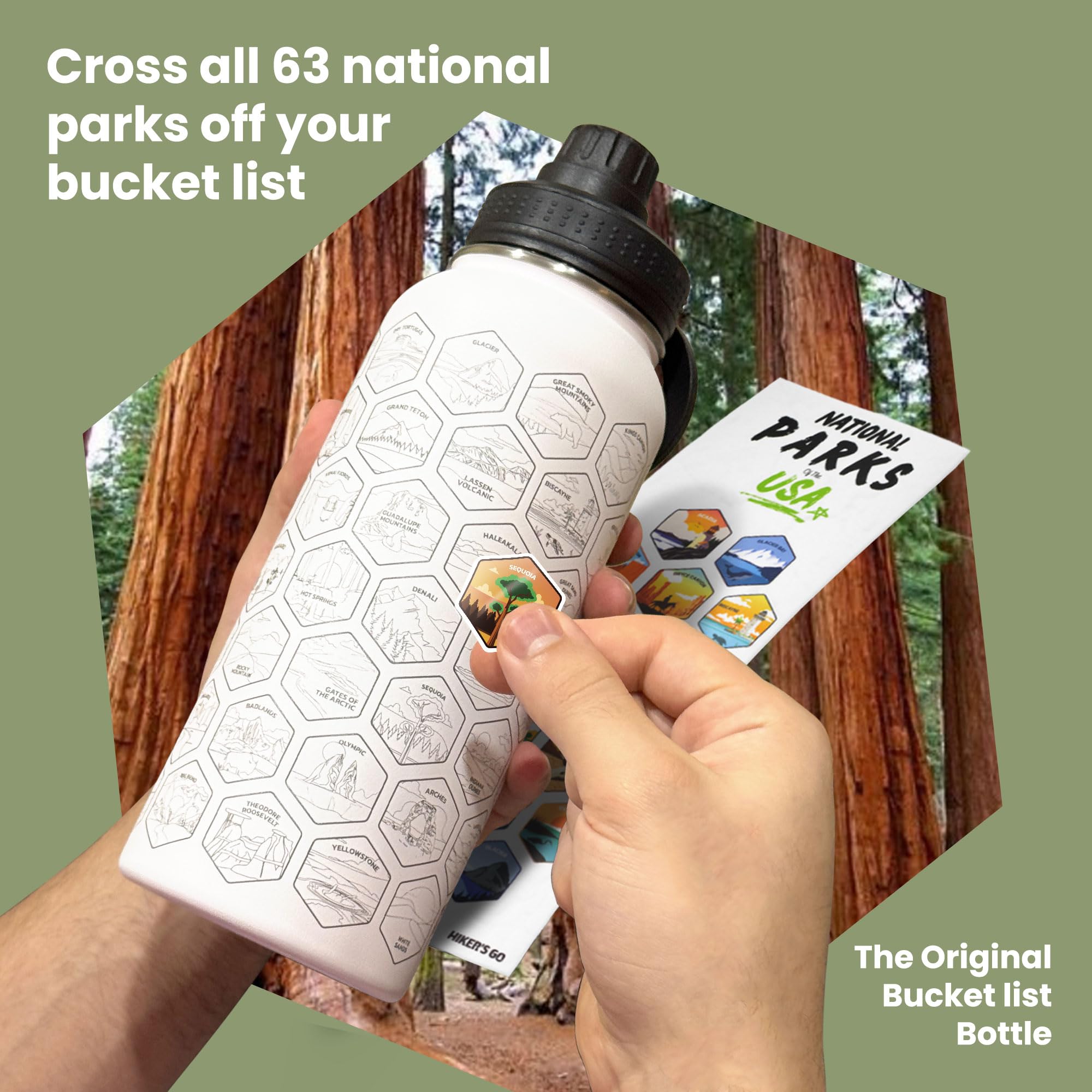Hiker's Go National Parks Water Bottle – 32oz Insulated Stainless Steel with Magnetic Phone Holder Leak Proof Lid & 63 Waterproof Stickers