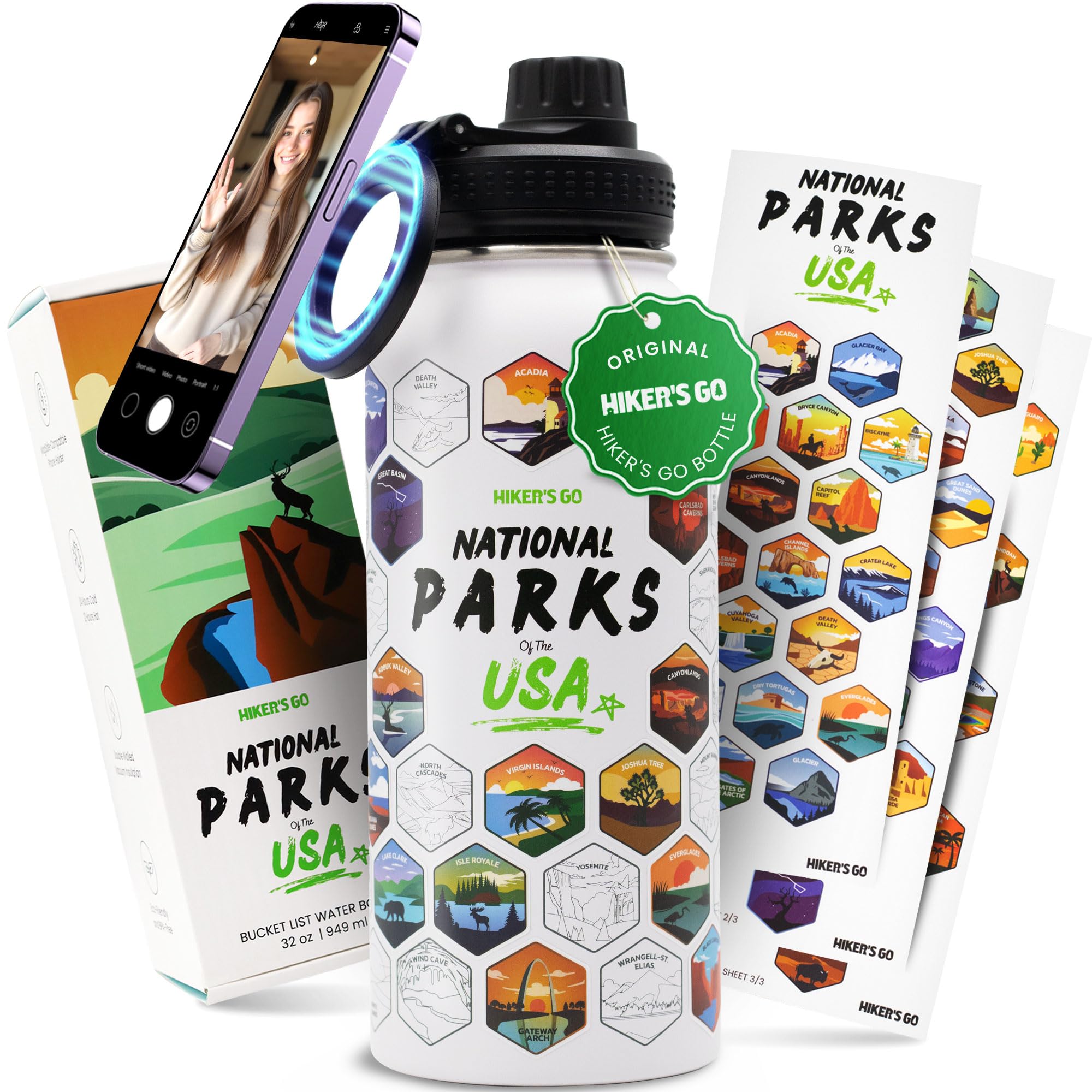 Hiker's Go National Parks Water Bottle – 32oz Insulated Stainless Steel with Magnetic Phone Holder Leak Proof Lid & 63 Waterproof Stickers