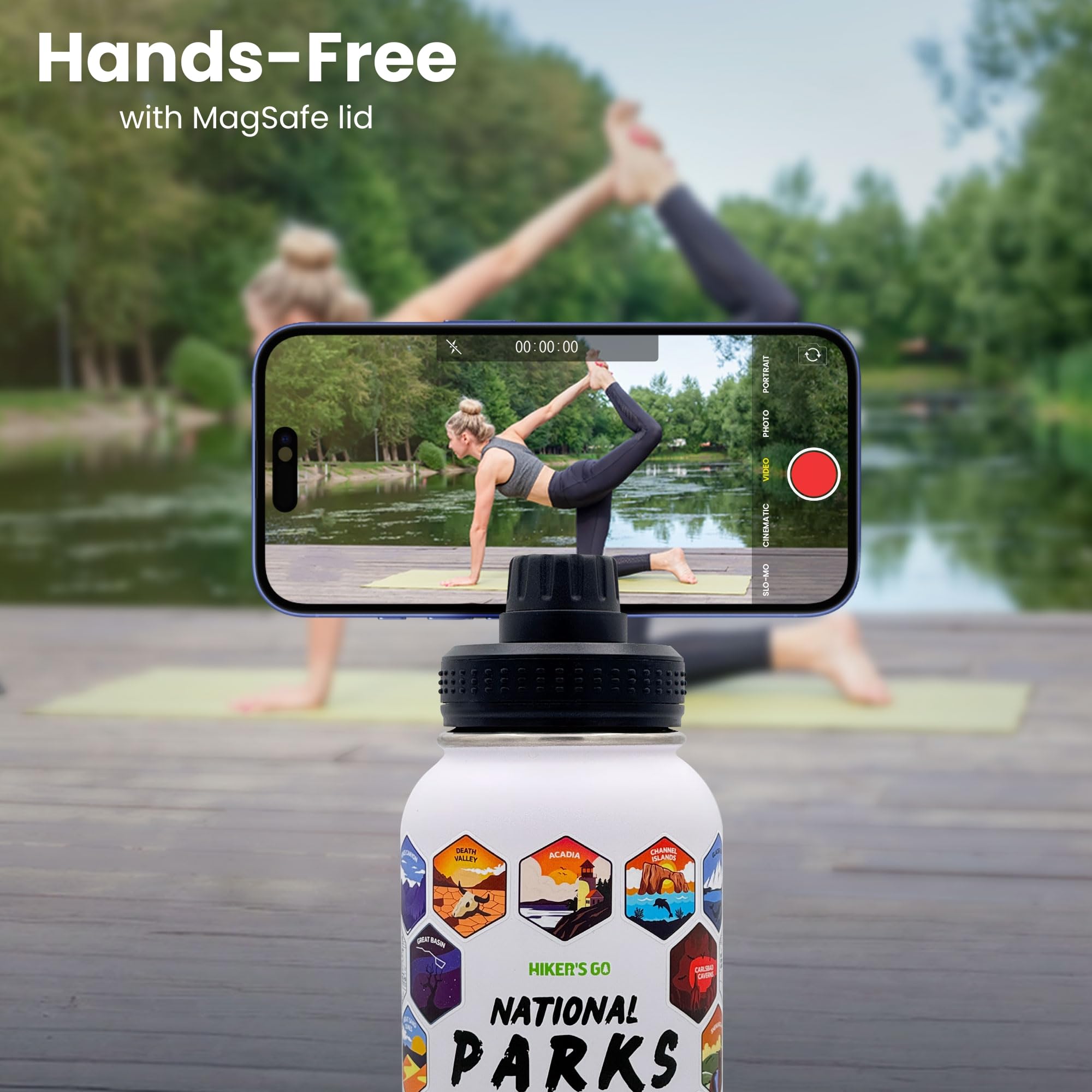 Hiker's Go National Parks Water Bottle – 32oz Insulated Stainless Steel with Magnetic Phone Holder Leak Proof Lid & 63 Waterproof Stickers