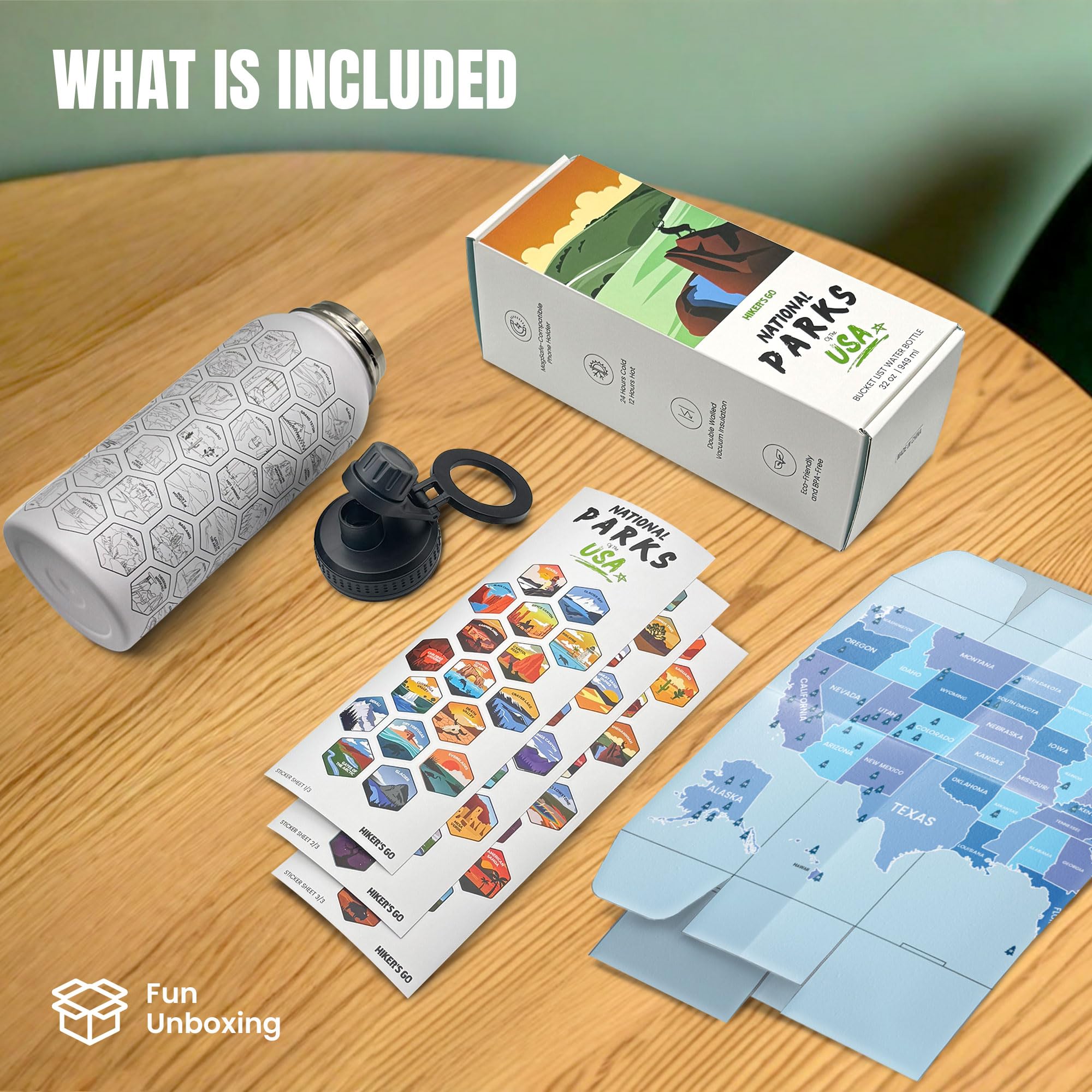 Hiker's Go National Parks Water Bottle – 32oz Insulated Stainless Steel with Magnetic Phone Holder Leak Proof Lid & 63 Waterproof Stickers